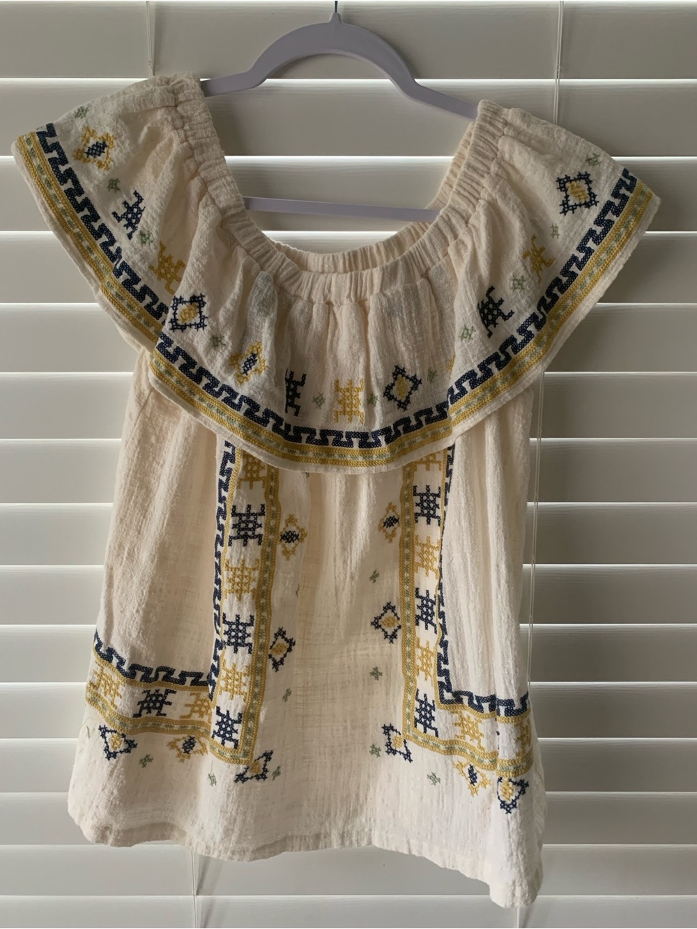 Easel Boho Off-Shoulder Embroidered Peasant Top - Cream with Blue & Yellow